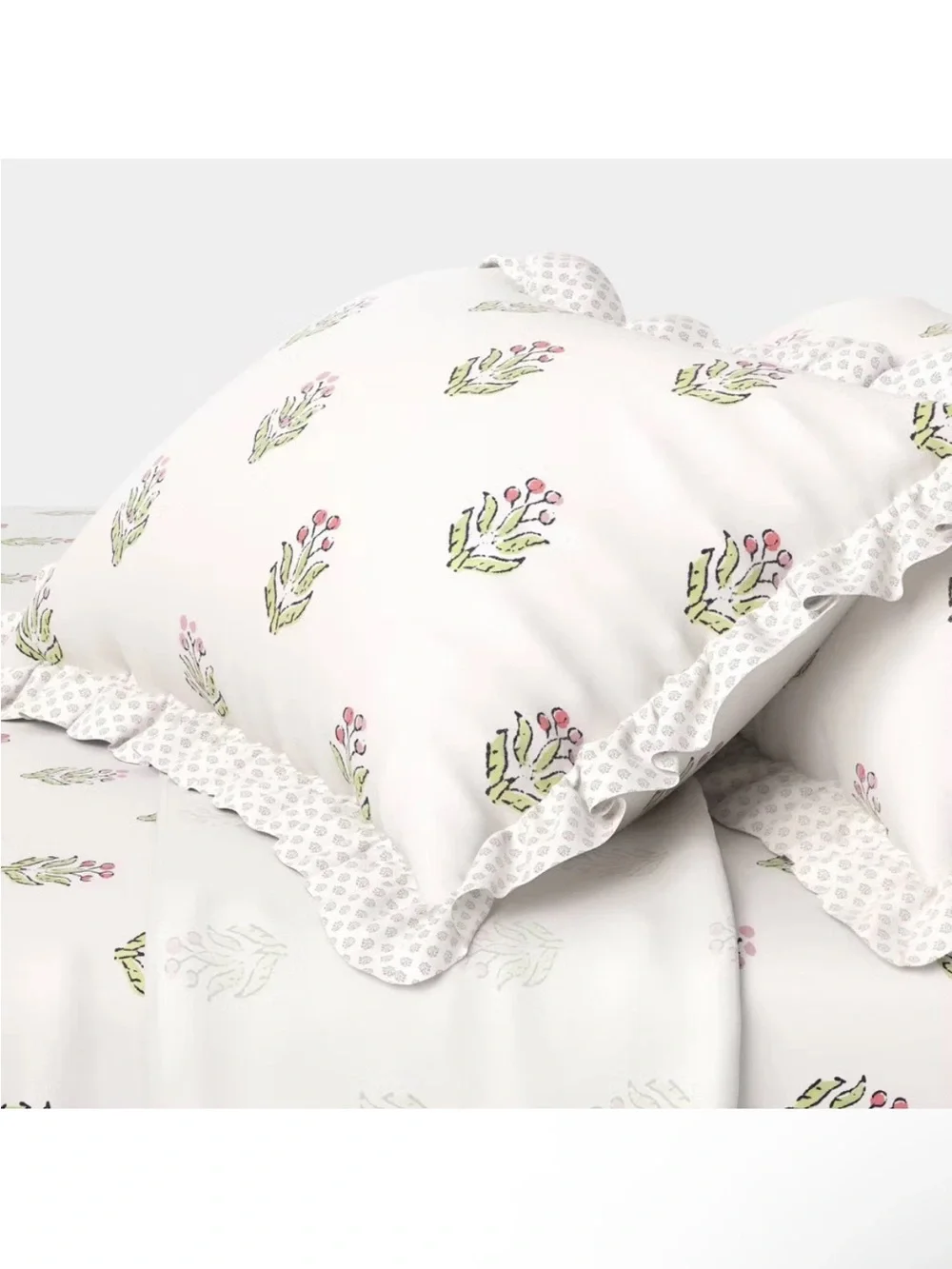 NWT Queen 310 Thread Count Teen Block Print Ruffle Sheet Set Pink/Cream